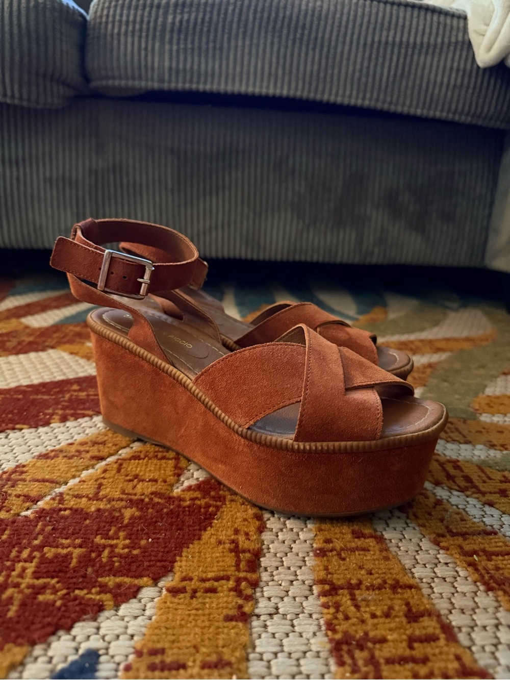 Rust Suede Platform Wedge Sandals with Ankle Buckle